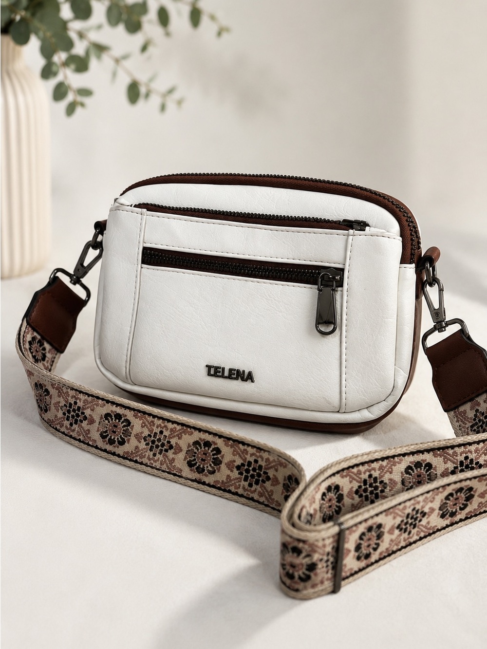 Telena White & Brown Crossbody with Patterned Strap